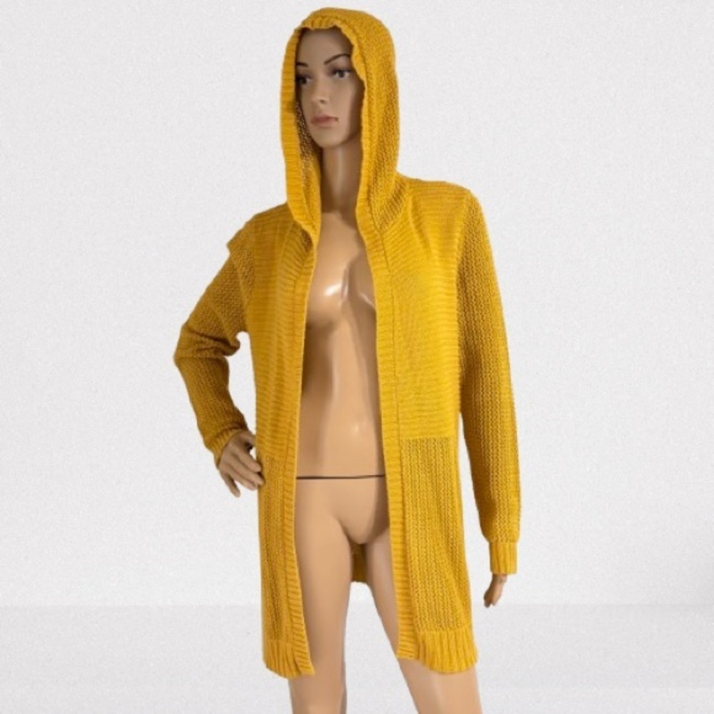 Marled Mustard Yellow Hooded Open Front Cardigan Sweater Size M - Picture 1 of 6